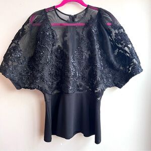Gracia Black Sheer Lace Peplum Top XL Balloon Sleeve Romantic Gothic Blouse Chic